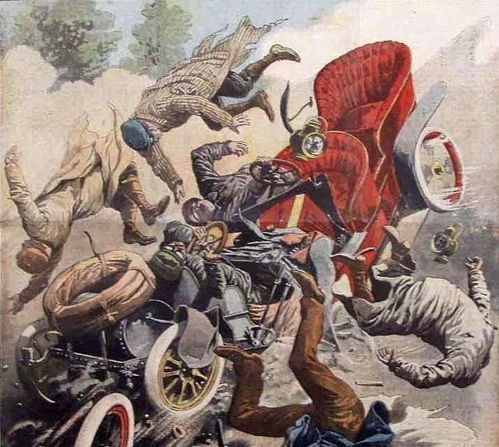 Illustratie van Eugne Chaperon van een auto-ongeval, verschenen in le Petit Journal