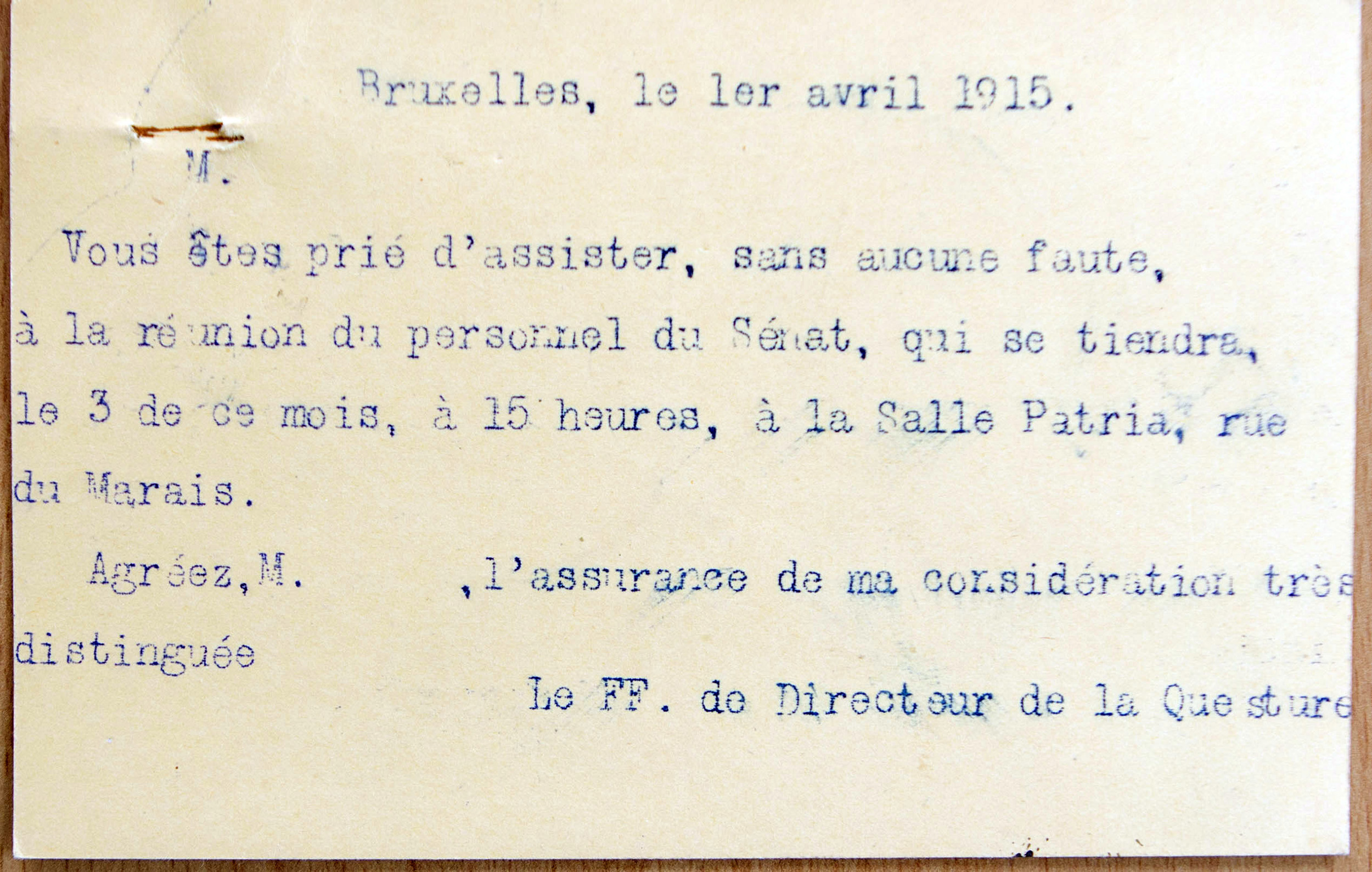 Oproep  van Gaston Pulings voor de personeelsvergadering van 3 april 1915