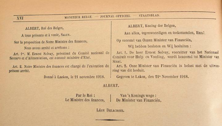 Publicatie in het Belgisch Staatsblad van de benoeming van Ernest Solvay tot Minister van Staat