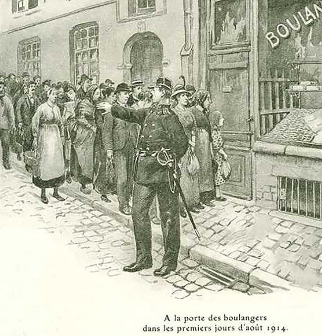 Rij wachtenden bij de bakker, augustus 1914