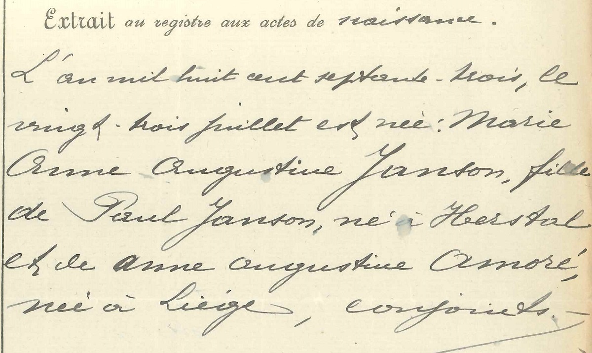 Extrait de l'acte de naissance de Marie Janson