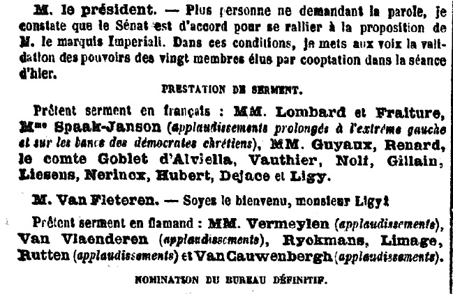 Eedaflegging - Extrait des Annales parlementaires du Snat de Belgique du 28 dcembre 1921